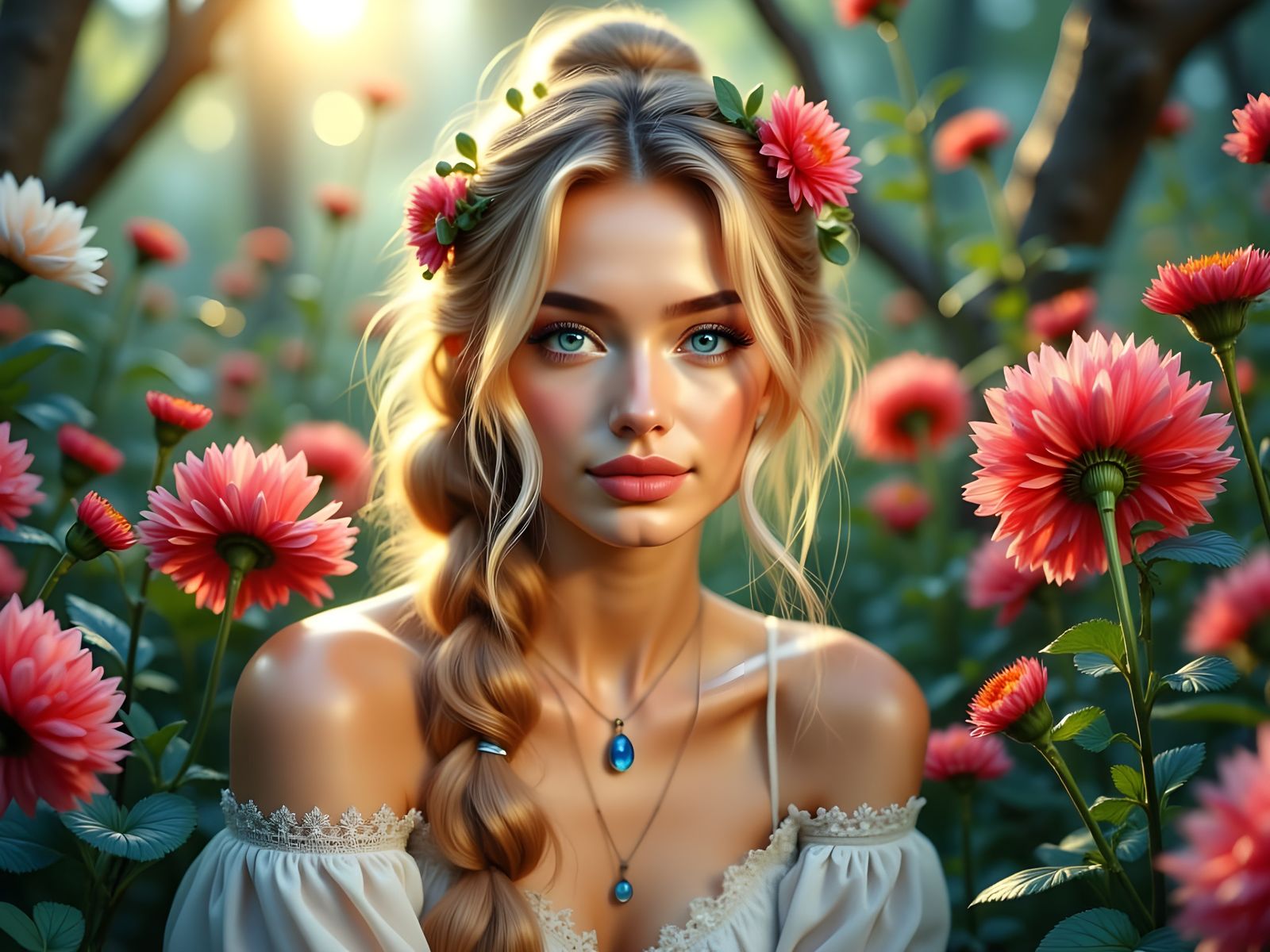 Norse Goddess of Love Sits in a Vibrant Floral Garden