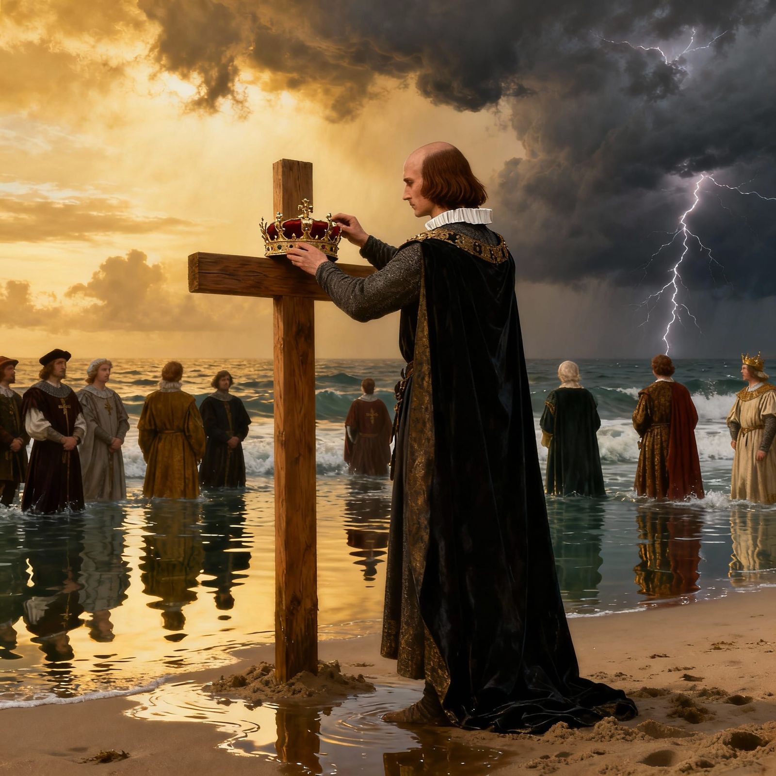 King Canute Places Crown on Sand Cross as Tide Rises