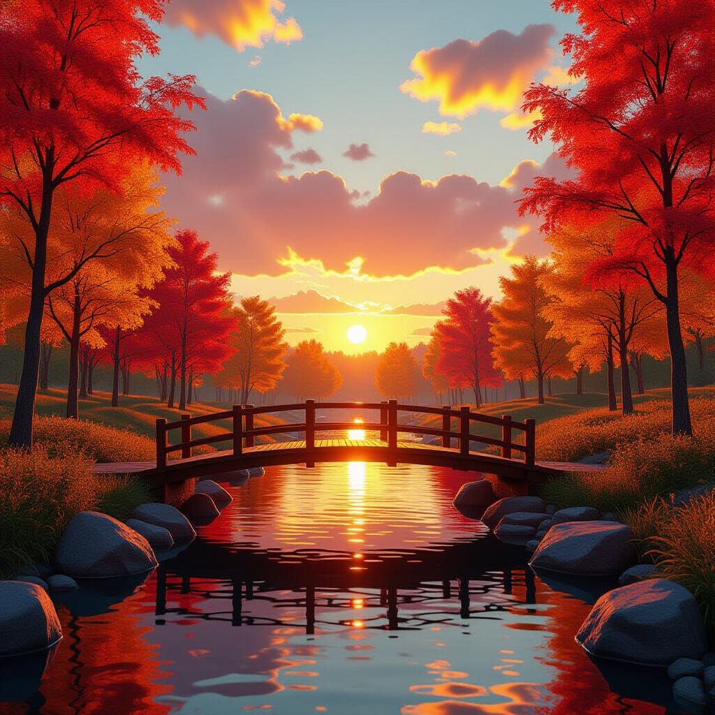 Autumn Stream: A 3D Rendered Sunset Scene
