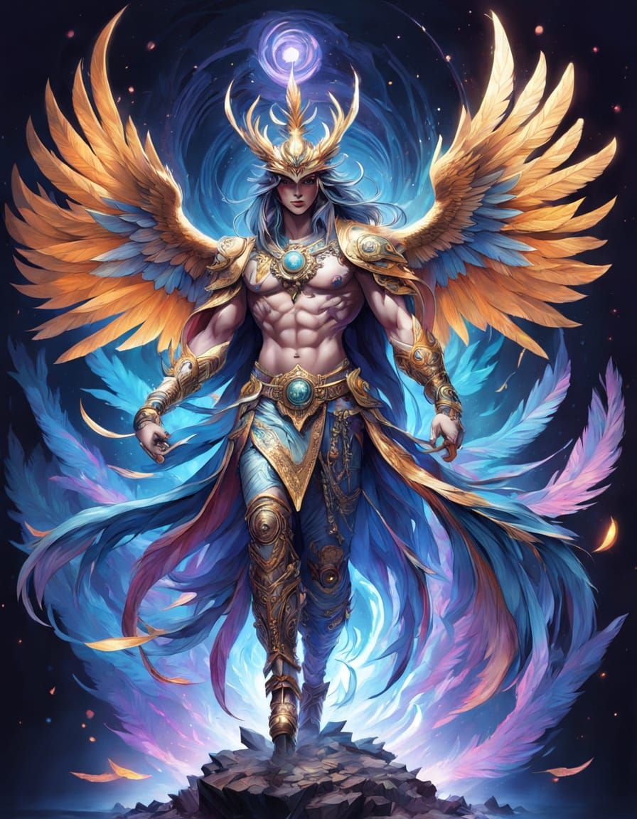 Ethereal Warrior Bird: Golden Pointillism Masterpiece