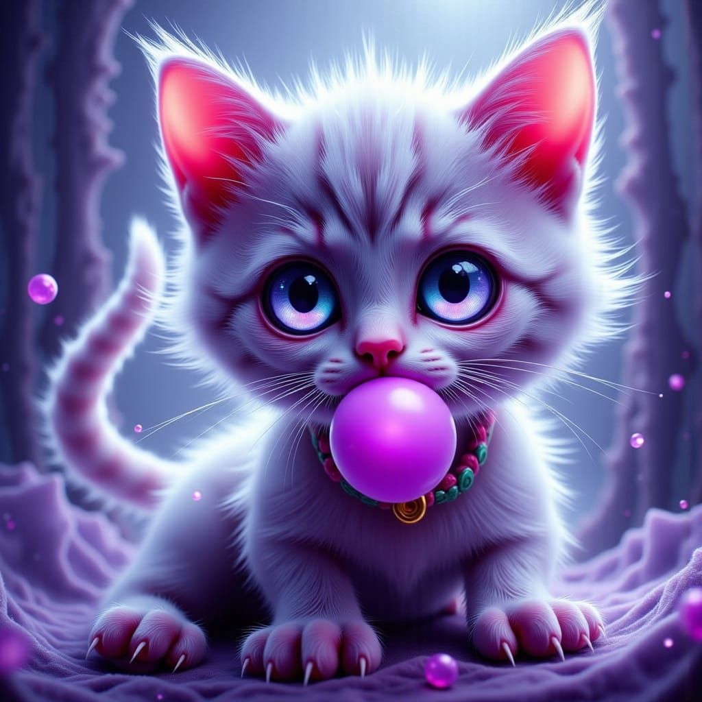 Whimsical Kitten Chews Bubblegum in Dreamlike Realms