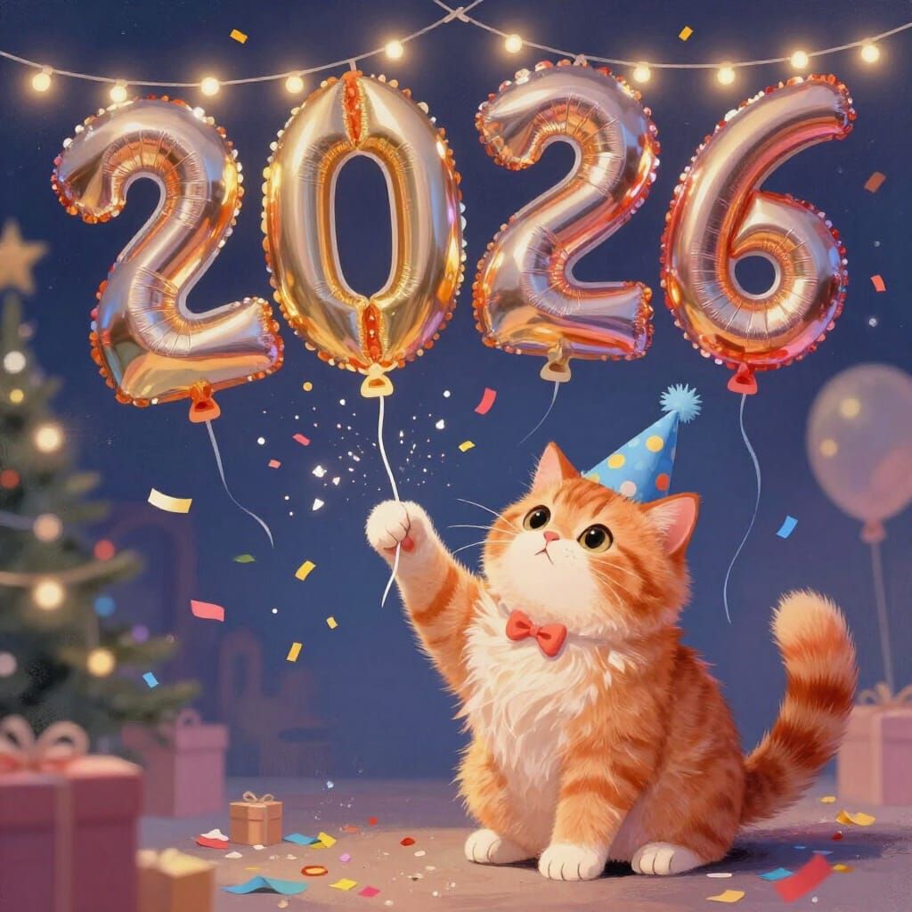 Fluffy Cat Celebrates New Year 2026 with Party Hat and Ballo...