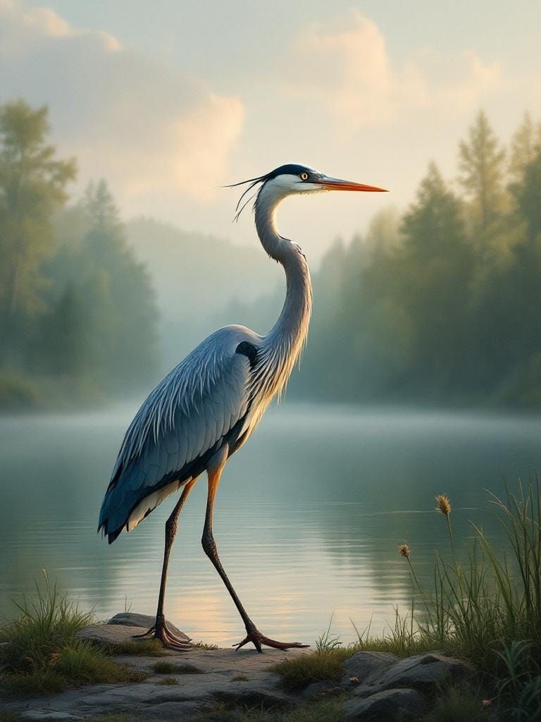 Blue Heron in Dusk Landscape Painting