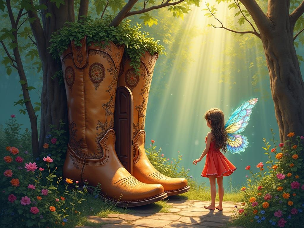 Fairy Opens Boot House Door in Dappled Sunlight