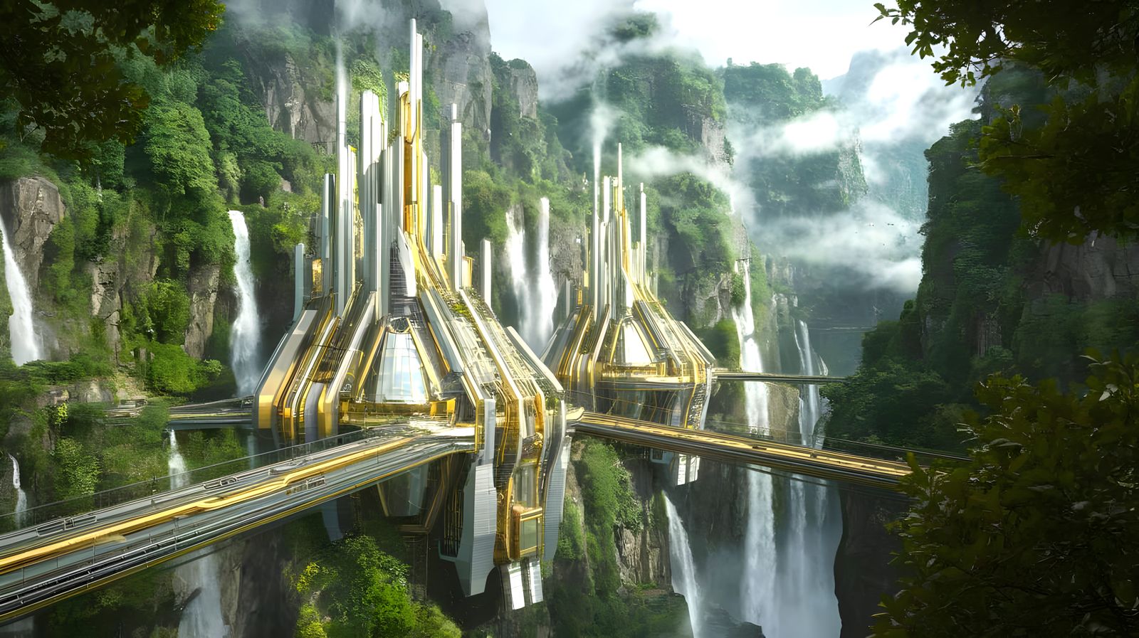 Sustainable Solarpunk Metropolis Ascends a Lush Mountain Cli...