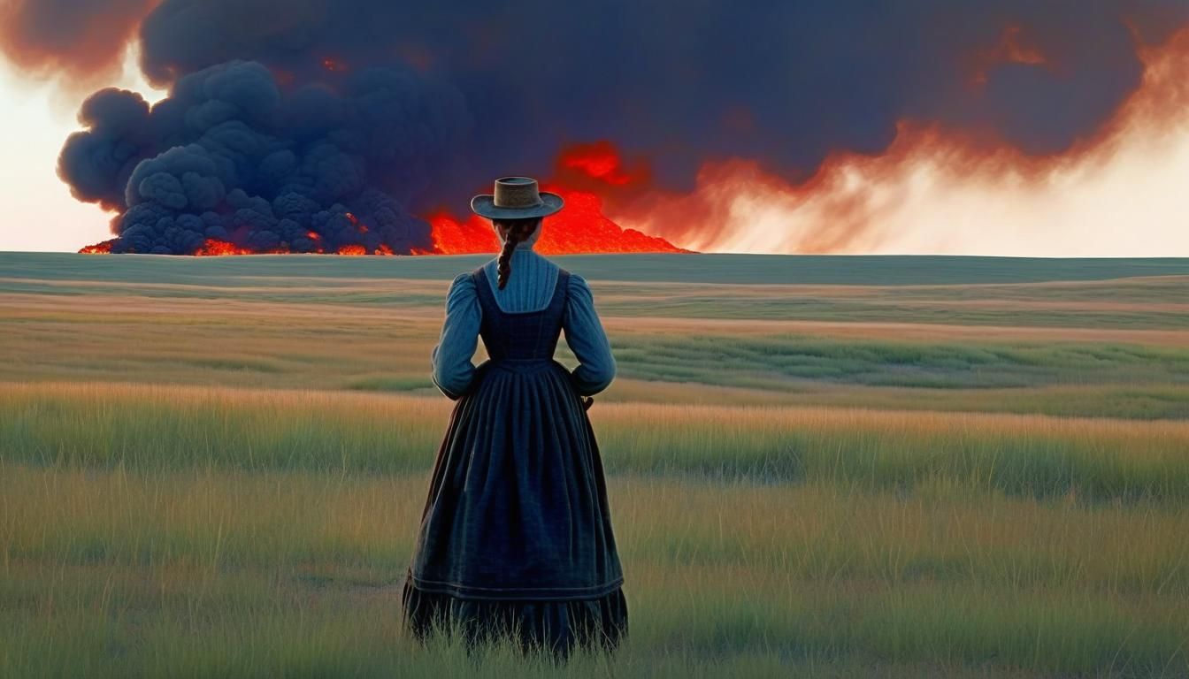 Prairie Fire Watched by Pioneer Woman, Oil Painting