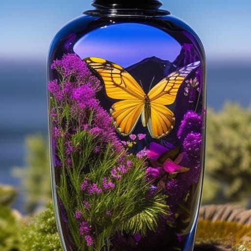 Butterflies and Flowers in Crystal Bottle, Renaissance Style