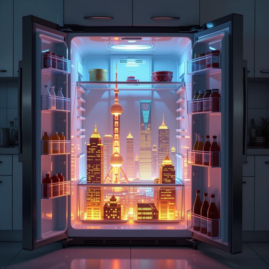 Glowing Chinese City Inside Refrigerator