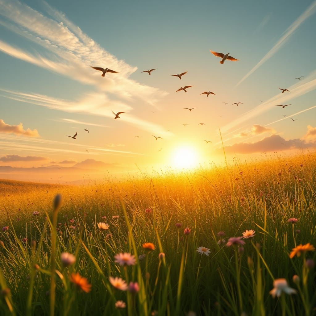 Sunrise Meadow with Wildflowers in Dreamlike Landscape
