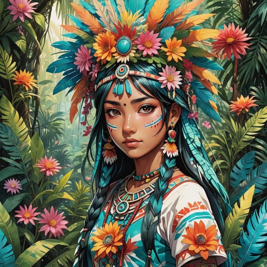 Aztec Girl in Jungle, Vibrant Anime Manga Illustration
