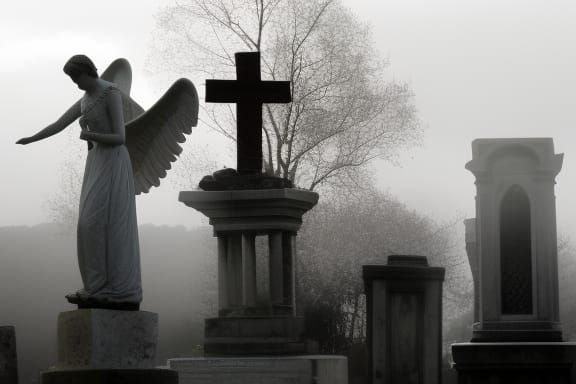 Spooky foggy cemetery with angel statue