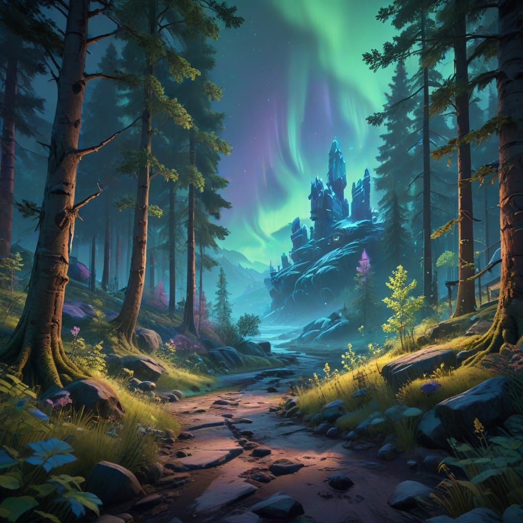 Winter Forest in Transparent Theatre, Aurora Borealis at Nig...