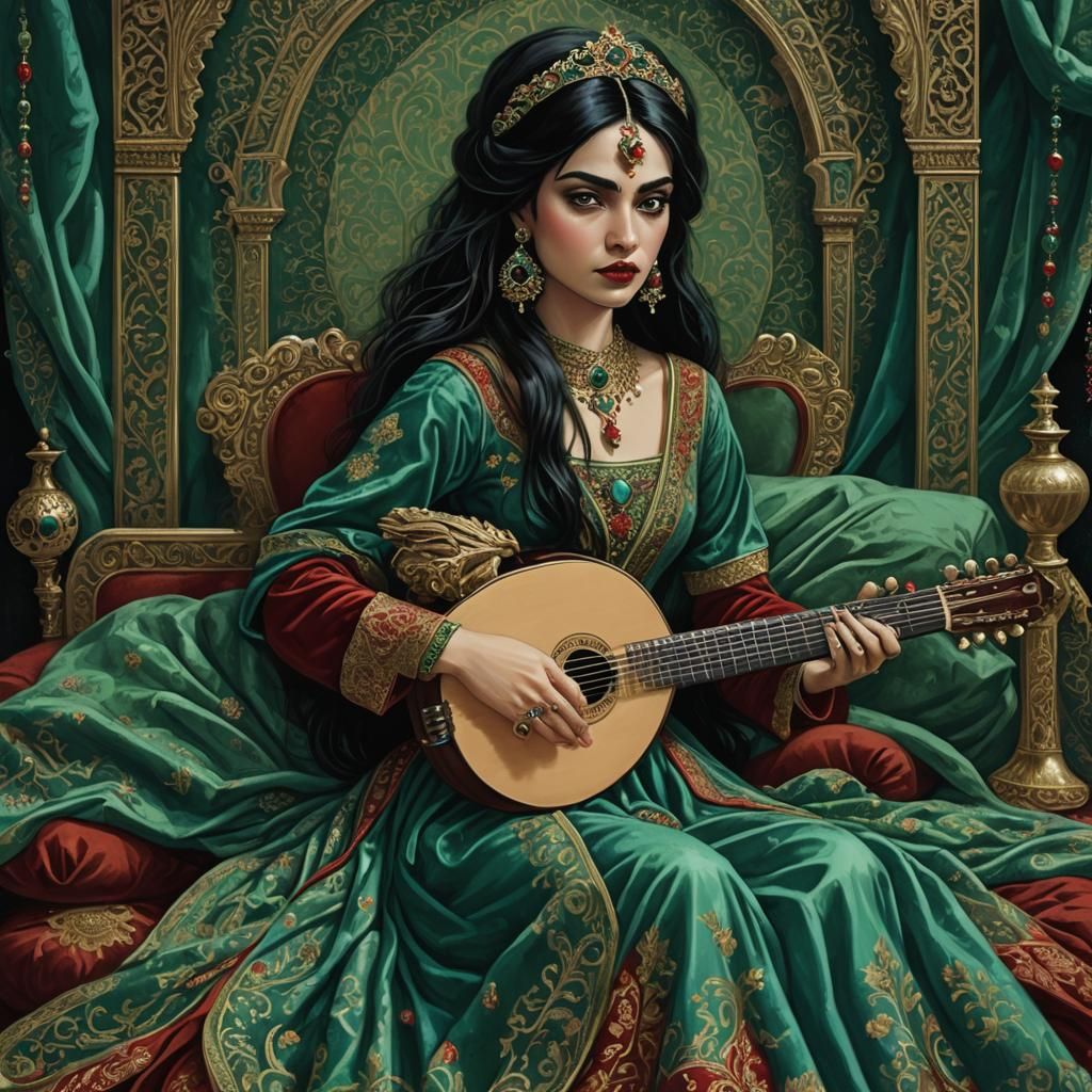 Persian Princess Playing Lute in Dark Fantasy Style