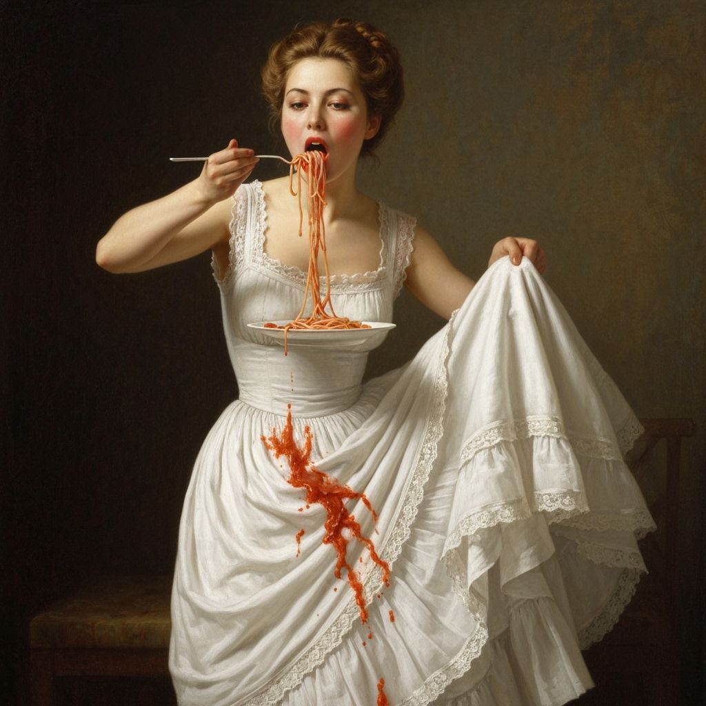 Lady in White Dress Eating Spaghetti with Sauce Splatter