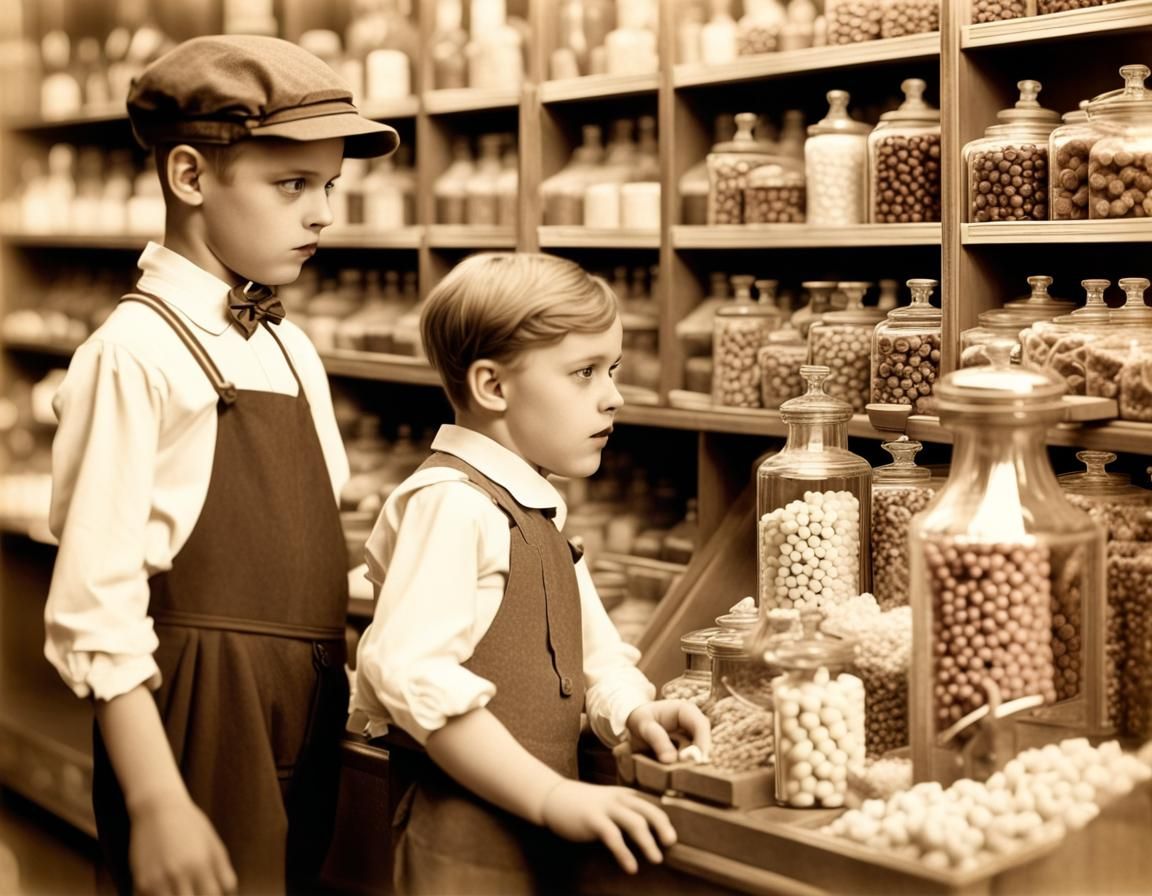 1920s photo of kids at a candy store, sepia tone, crisp imag...