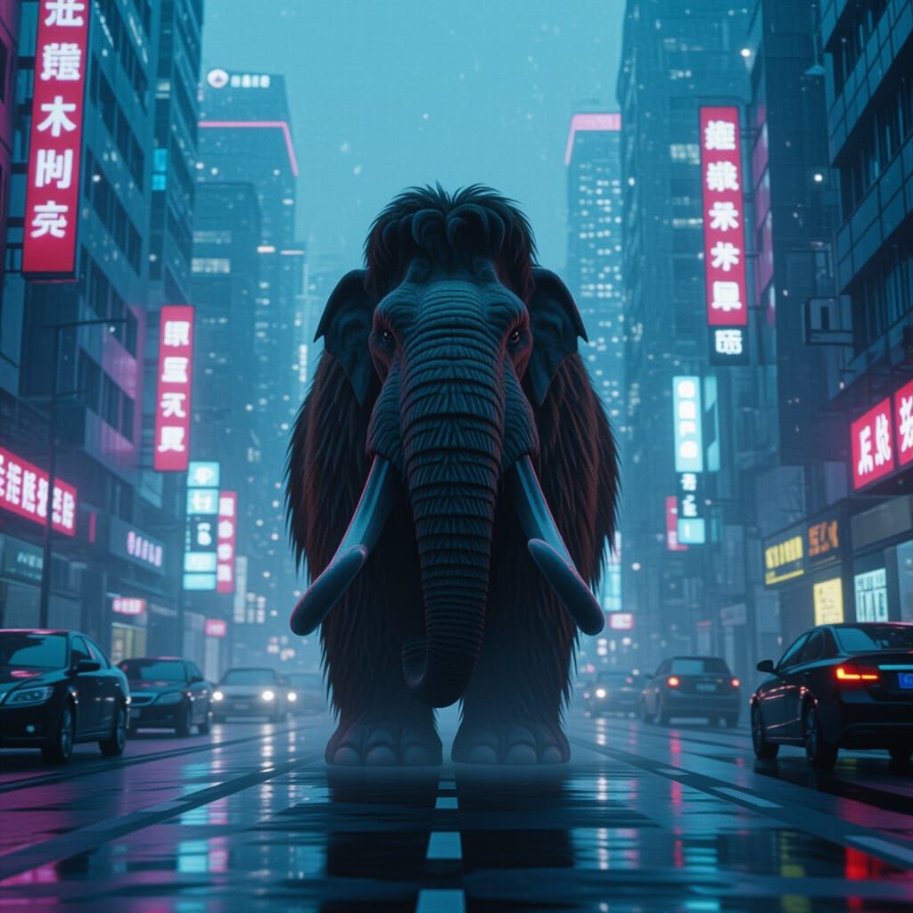 Woolly Mammoth Roams Cyberpunk Cityscape
