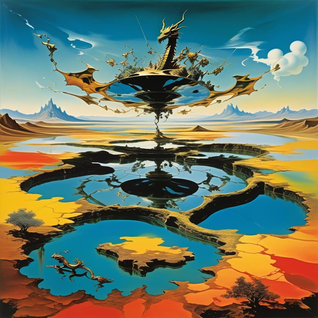 Surreal Landscape with Elastic Flora and Dragon Vortex
