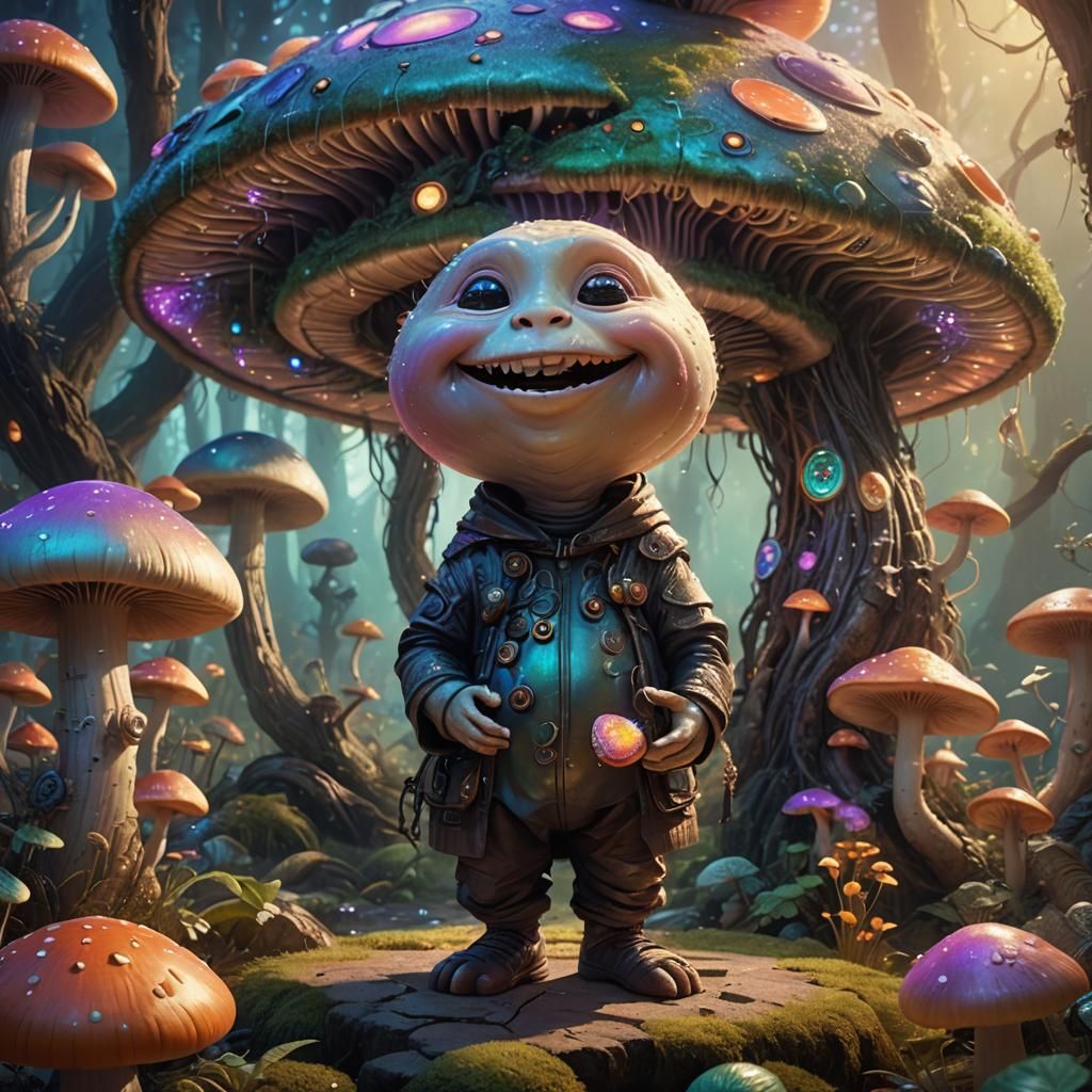 Friendly Alien with Big Smile in Dreamy Landscape