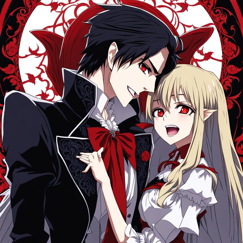 Anime-Style Vampire Boy Biting Girl