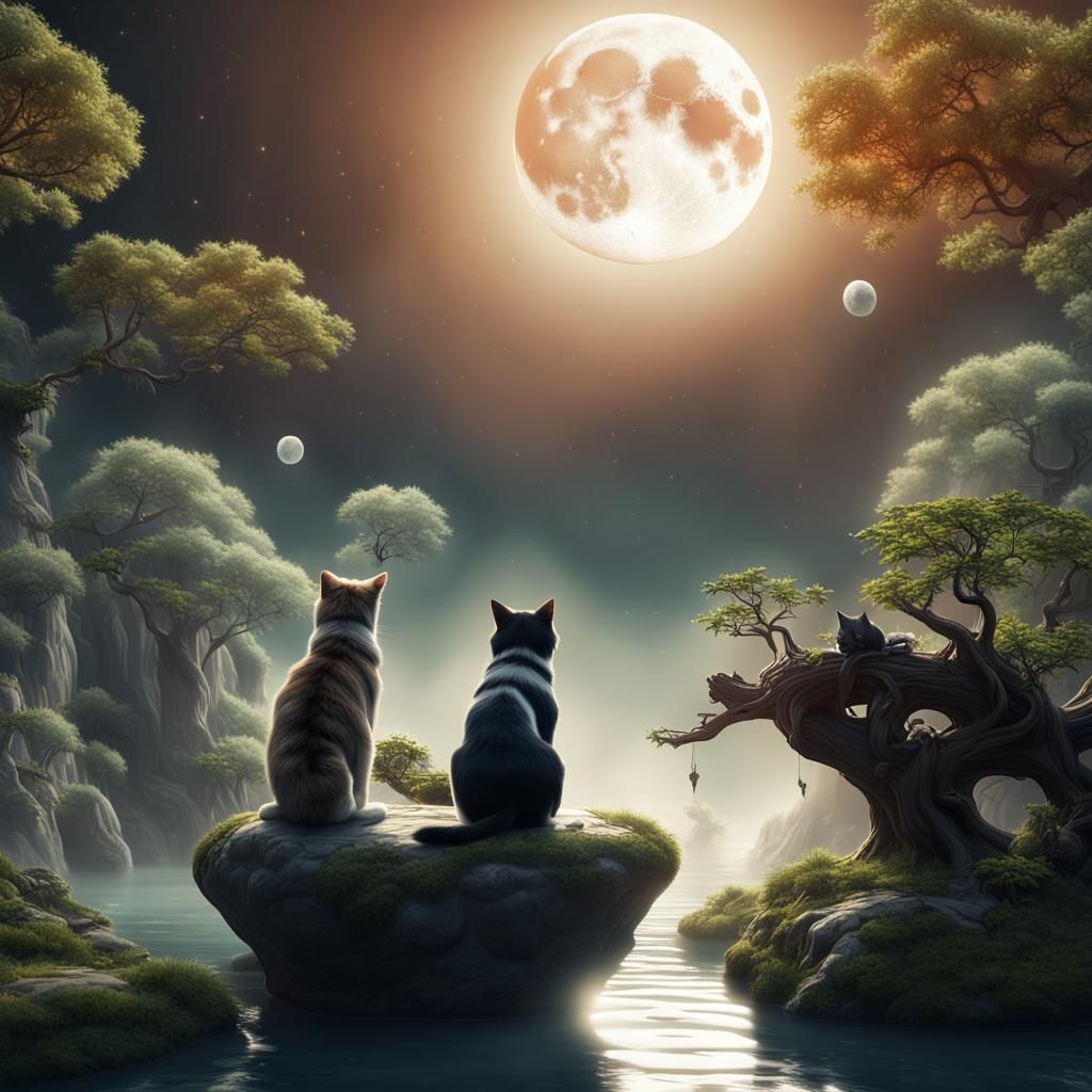 Mystical Moon Jungle with Cat and Dog