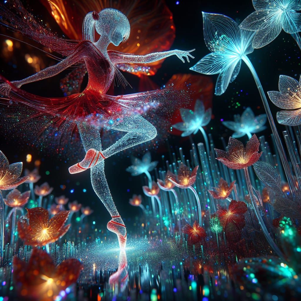 Bioluminescent Crystal Dancer Sculpture in Vermilion Glass