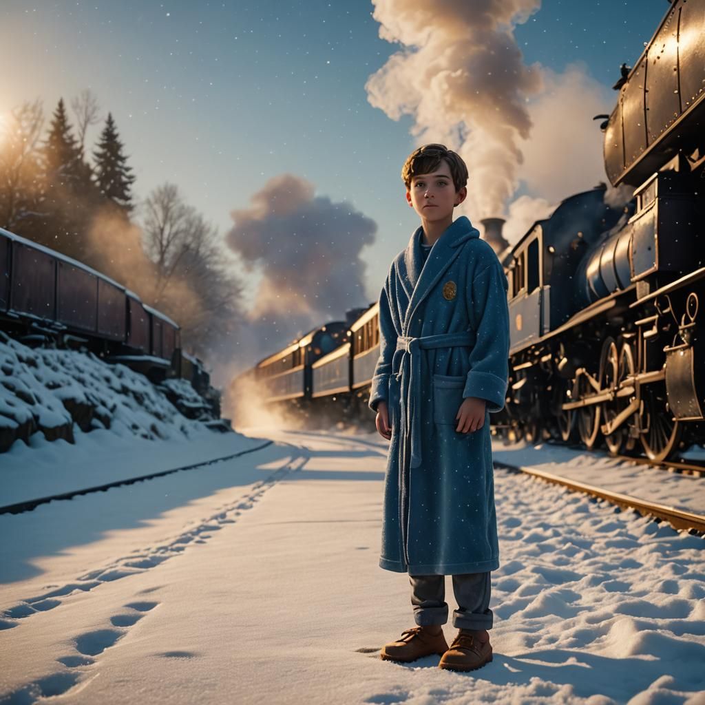 Boy and Polar Express Train in Winter Wonderland