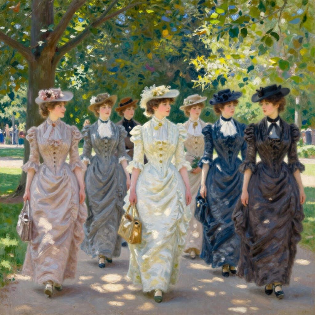 Vintage Women Strolling in Sun-Dappled Park as Impressionist...