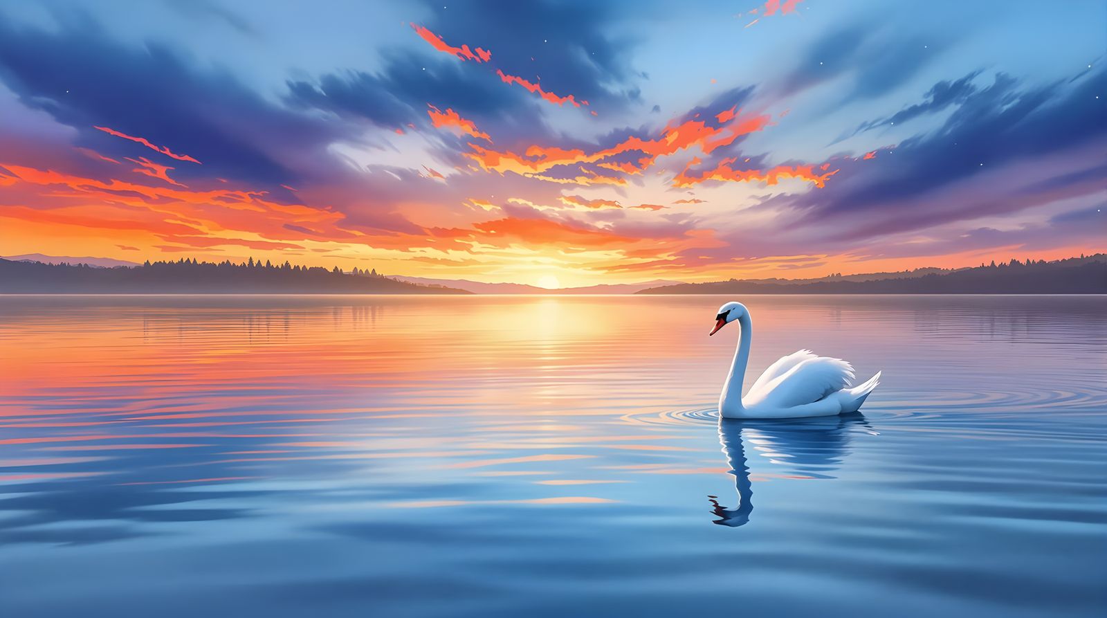 Surreal Sunset Serenade: Elegant Swan in Watercolor