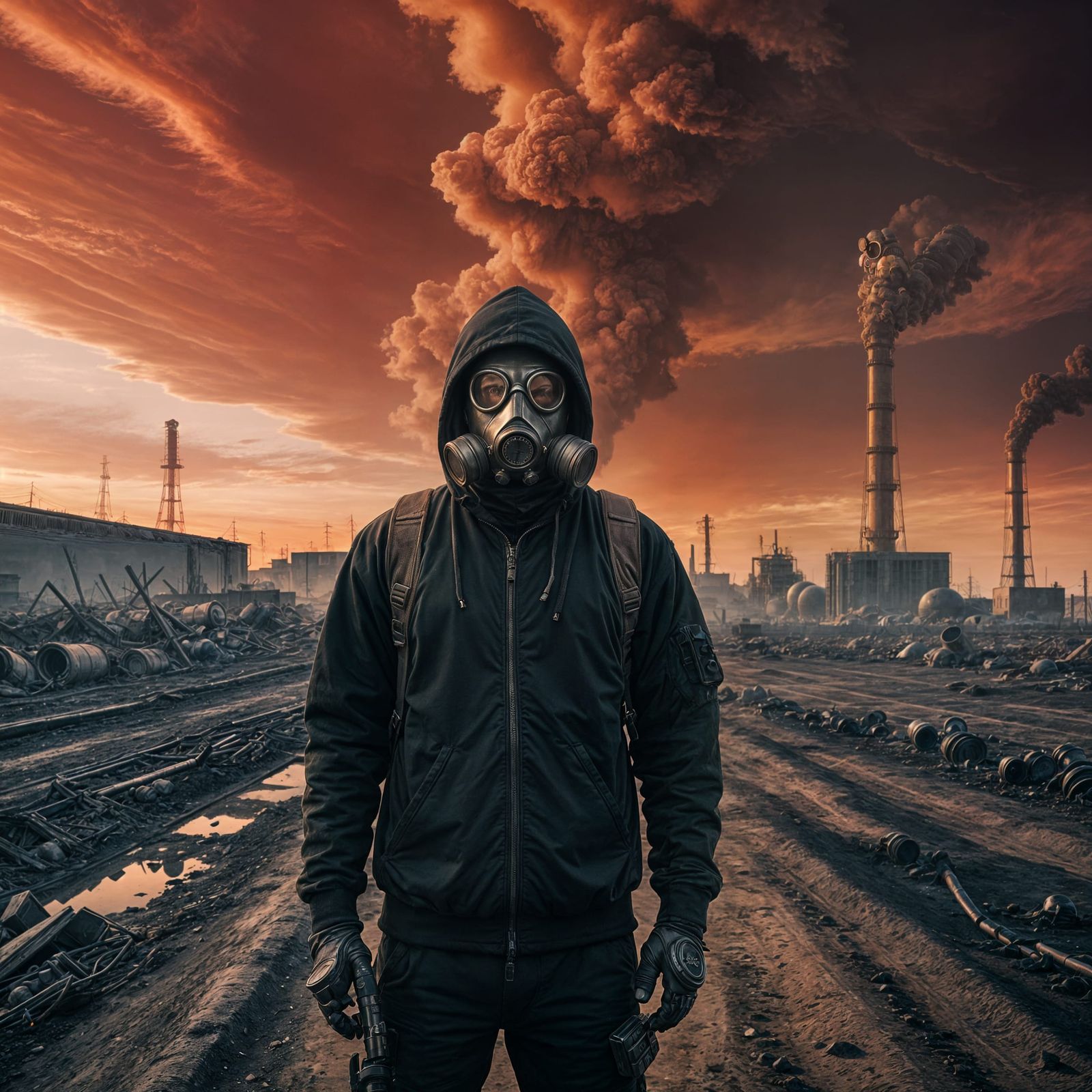 Man in Gas Mask in Toxic Post-Nuclear Landscape