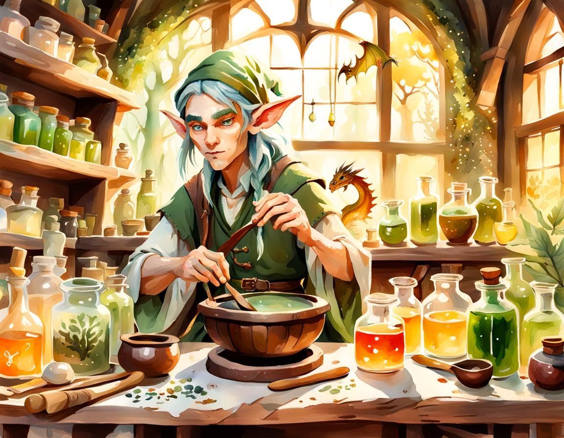 Forest Elf Herbalist in Watercolor Style