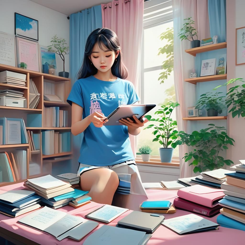 Asian Woman with Tablet: Anime-Inspired Digital Art