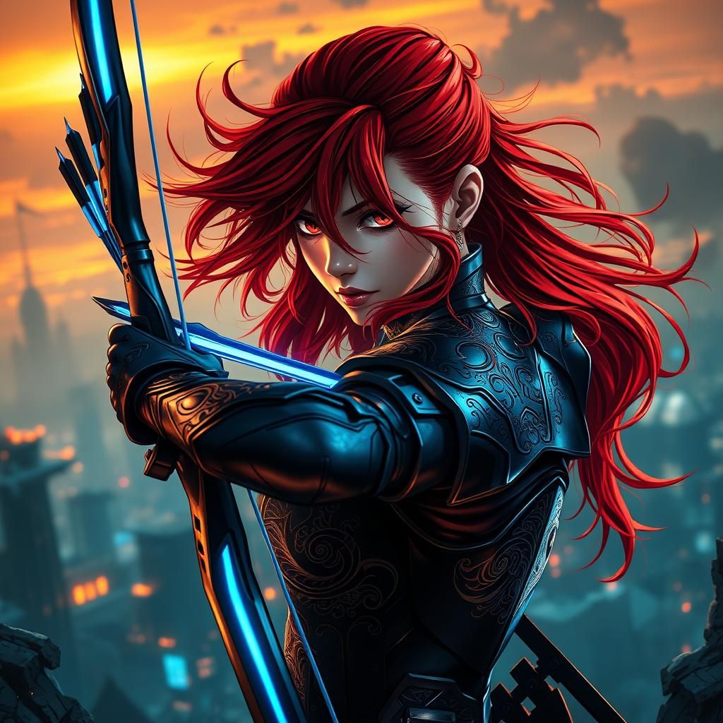Red-Haired Archer in Mystical Akira-Inspired Cityscape