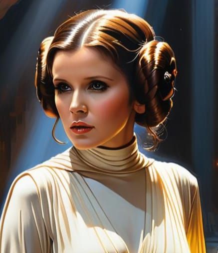 Glossy Oil Painting of Princess Leia in a Warmly Lit Cave