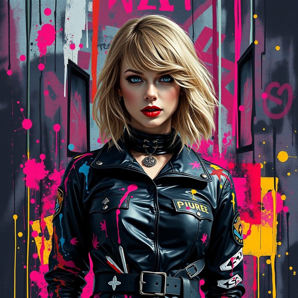 Taylor Swift as Gothic Prison Guard in Vibrant Black Latex
