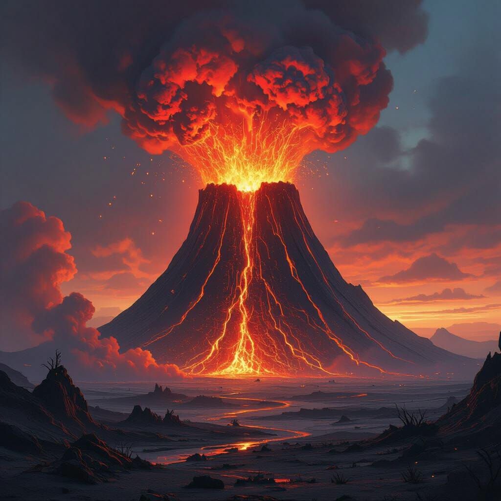 Glass Volcano Eruption in Dystopian Landscape