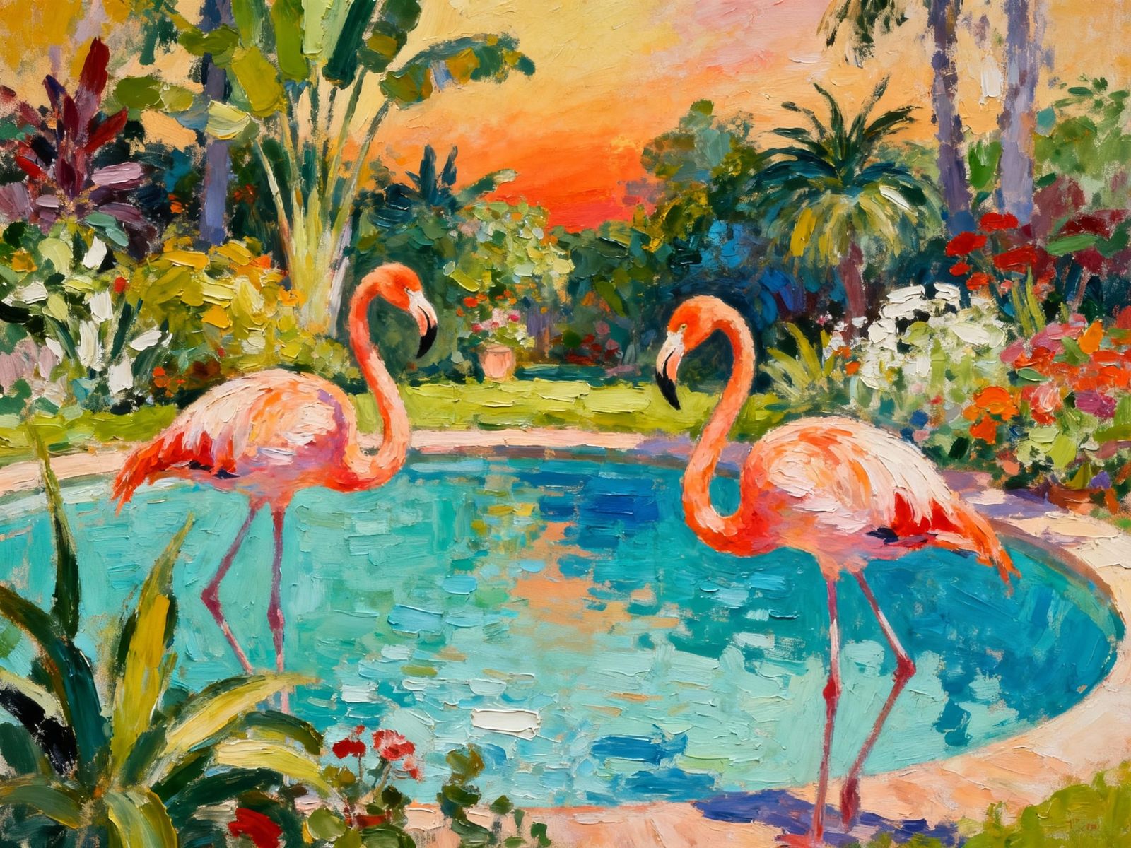 Flamingos in Paradise Garden Pool Oil Painting