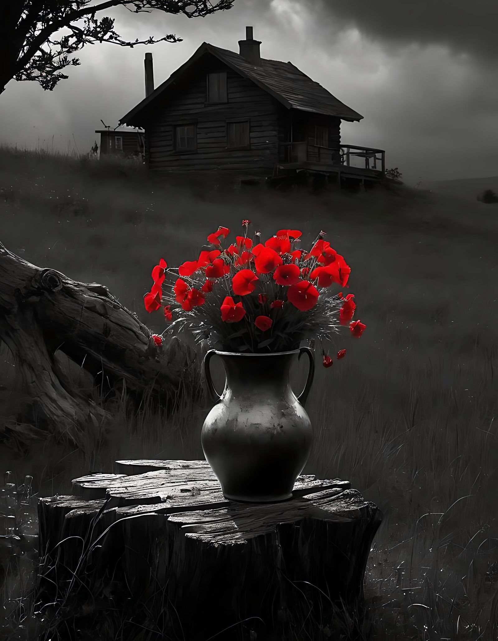 Red Flowers in Vase: Oil Painting with Dramatic Lighting