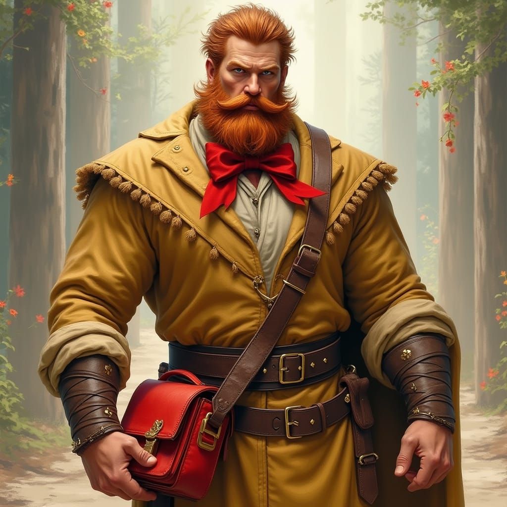Muscular Man with Red Bow and Handbag in Whimsical Setting
