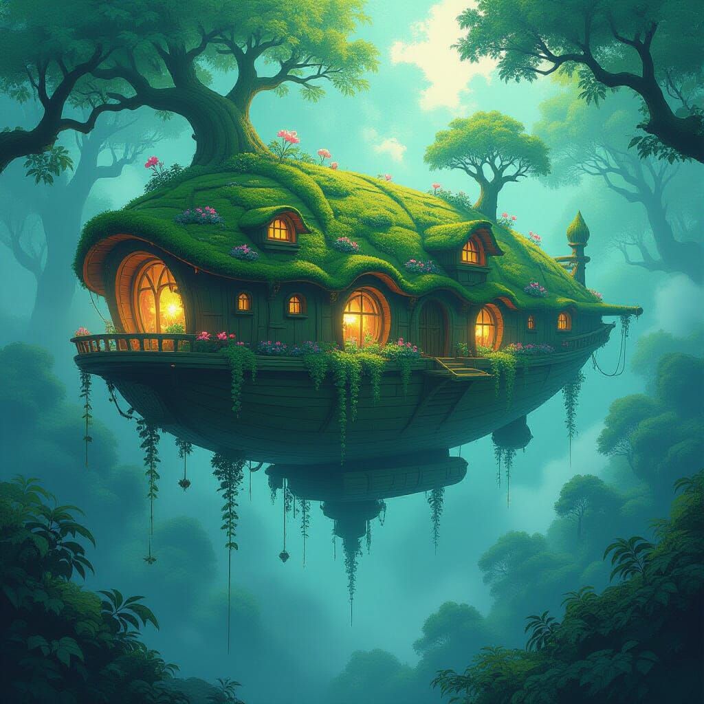 Mossy Tree Airship Floats Over Mystical Forest