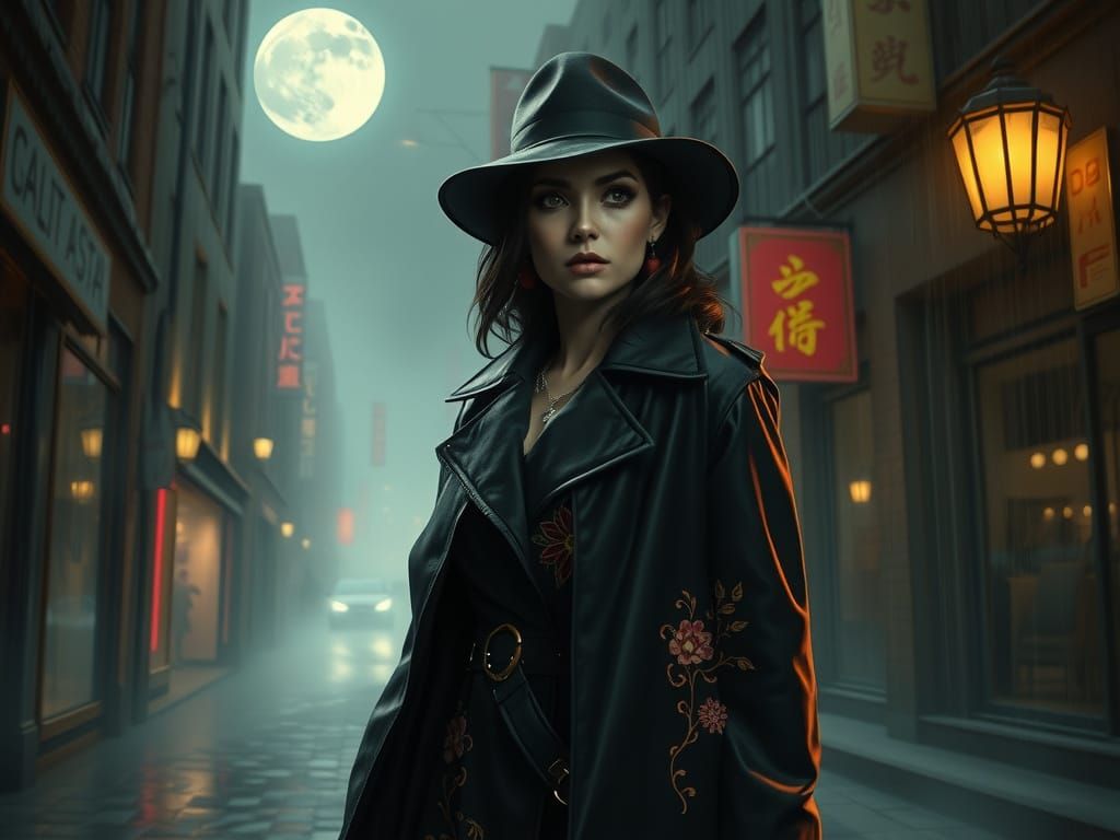 Ethereal Detective Investigates Misty Alleyway in Surreal St...