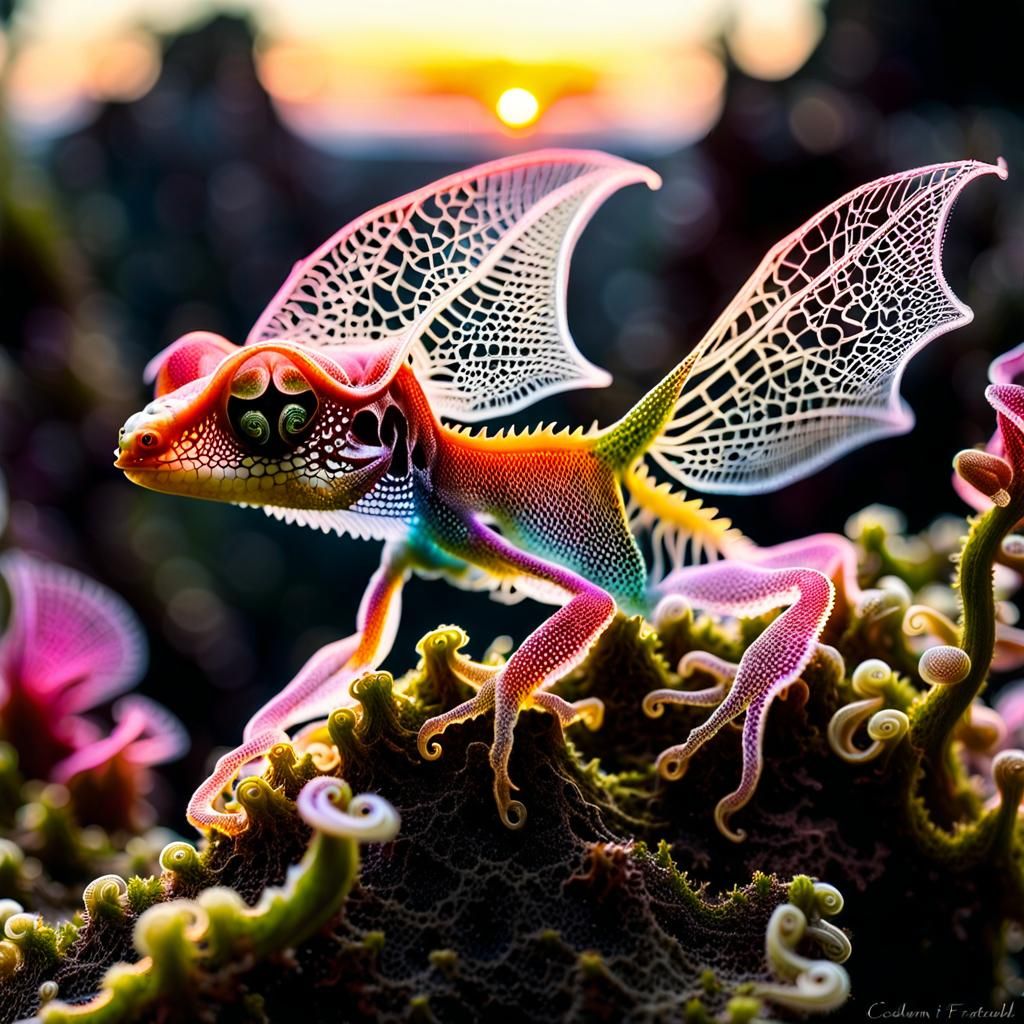 Lacewing Gecko with Fractal Flora in Gouache Style