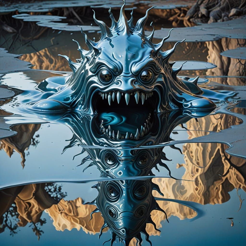 Surreal Liquid Silver Water Monster Emerges from Shattered M...