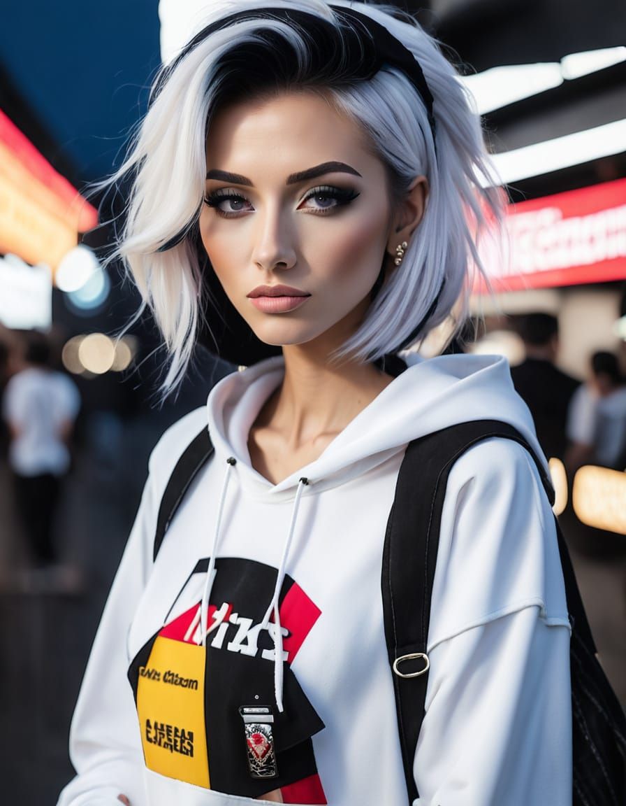 E-Girl Portrait with Two-Tone Hair in Monochrome Checks