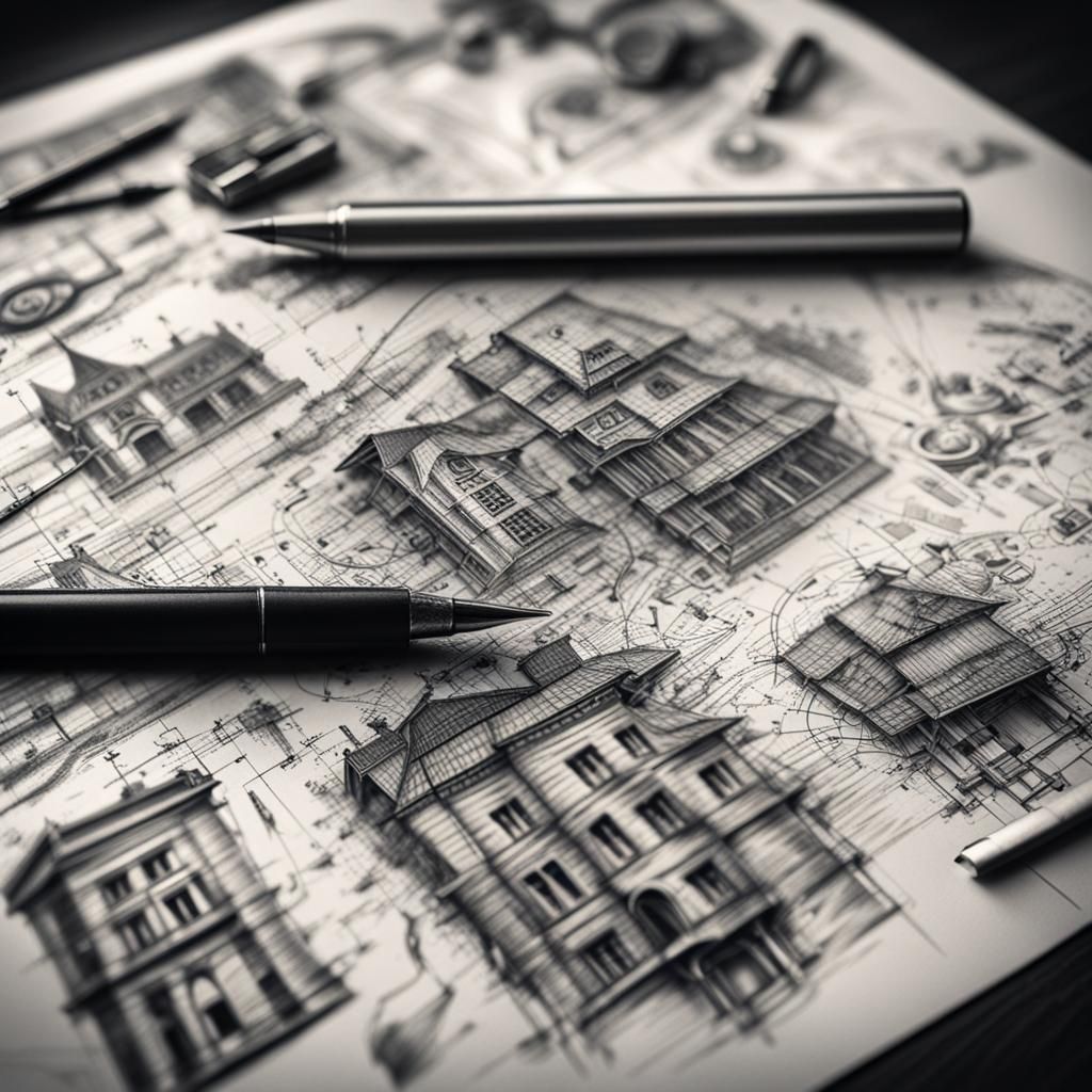 House Design Scribbles on Paper, Hyperrealistic Style