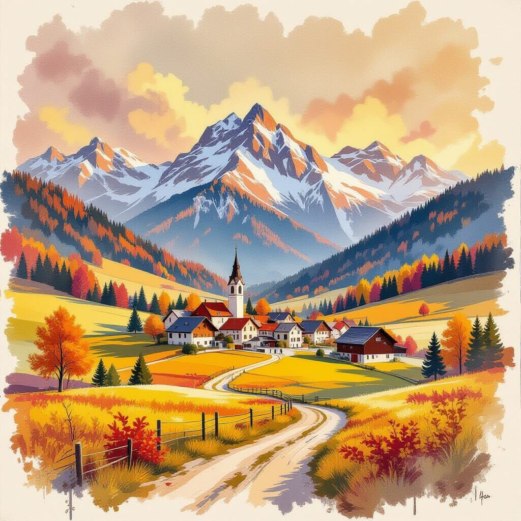 Fantasy Autumn Village Landscape with Gouache Texture