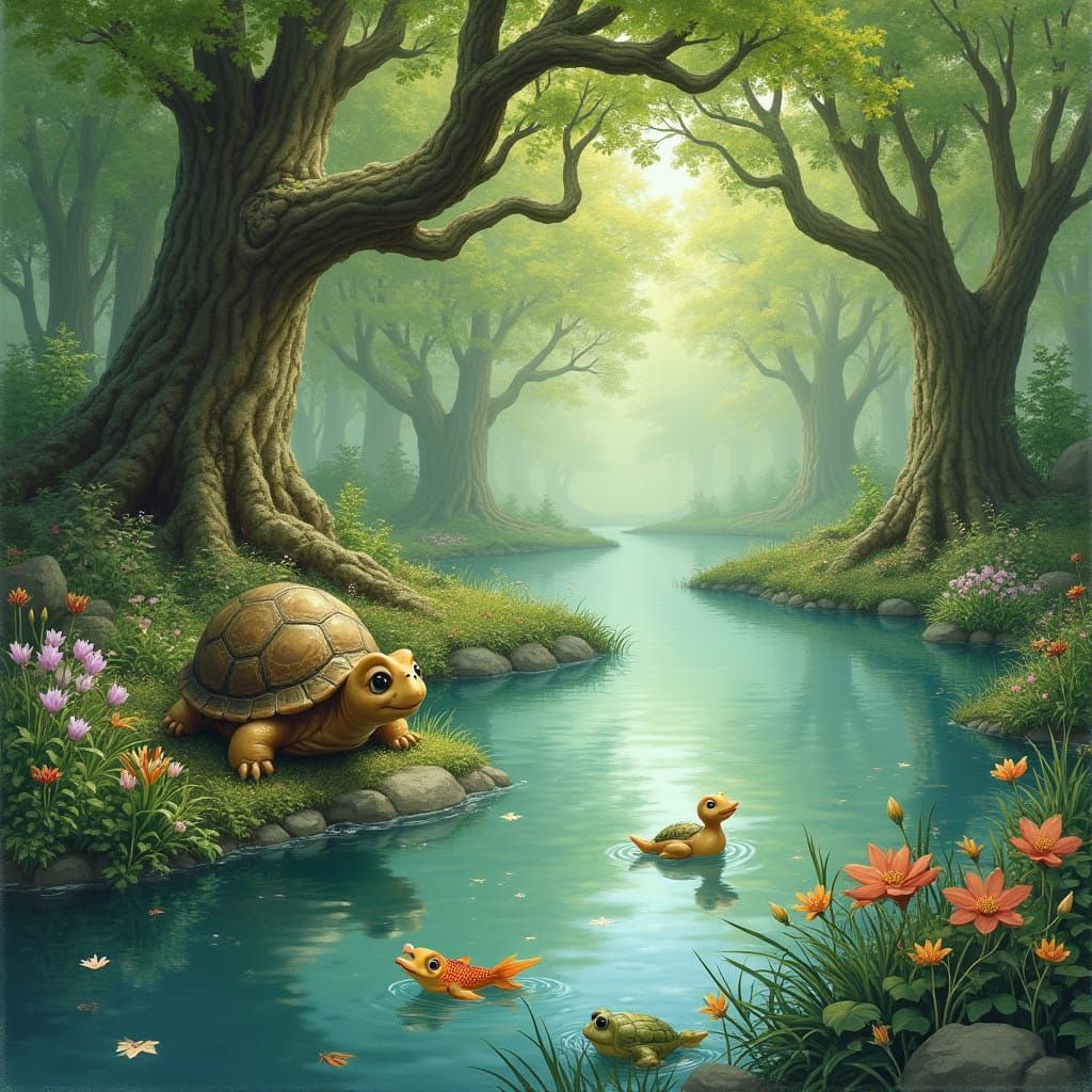 Whimsical Pond Scene in a Dreamy, Watercolor Style