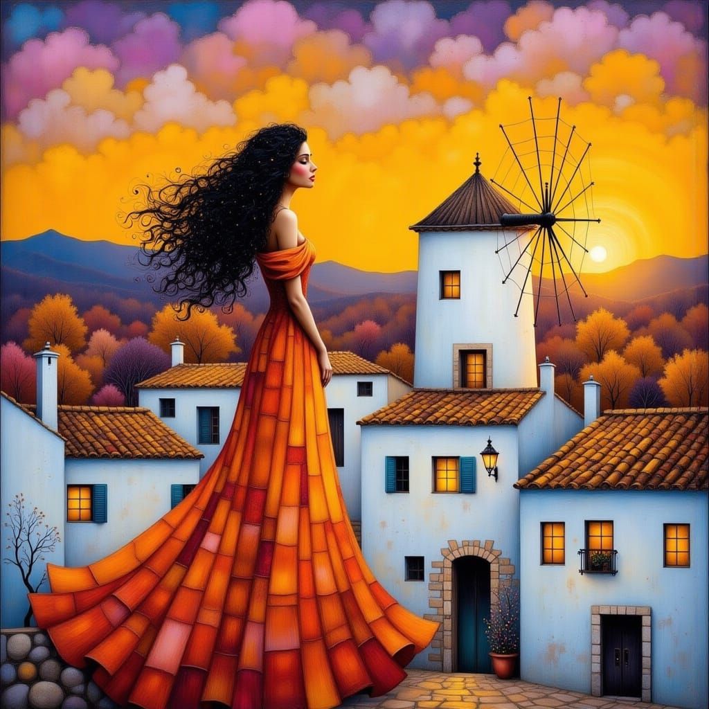 Mediterranean Town Whimsy at Sunset