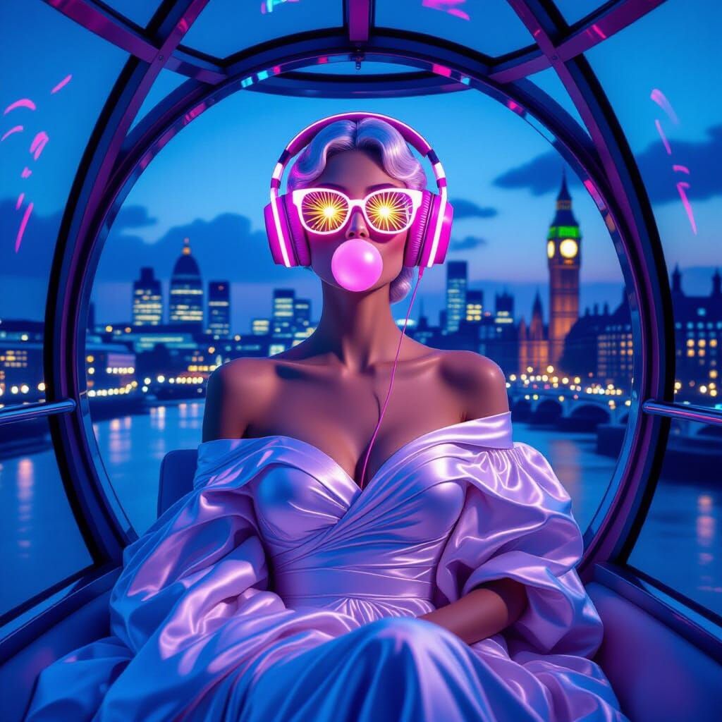 Marble Greek Statue in Luxury Gown Wearing Glowing Sunglasse...