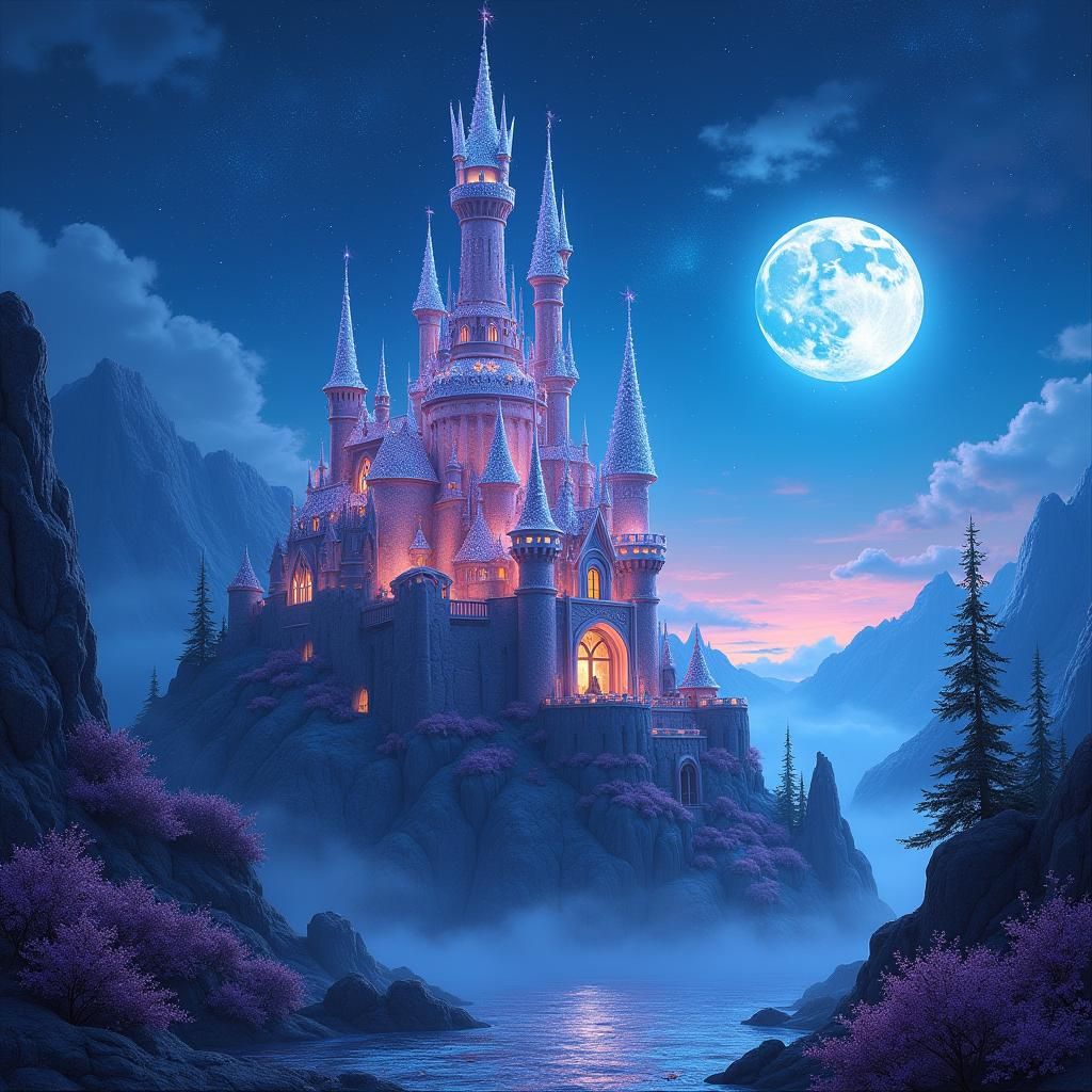 Ethereal Castle with Crystalline Spires, Digital Matte Paint...