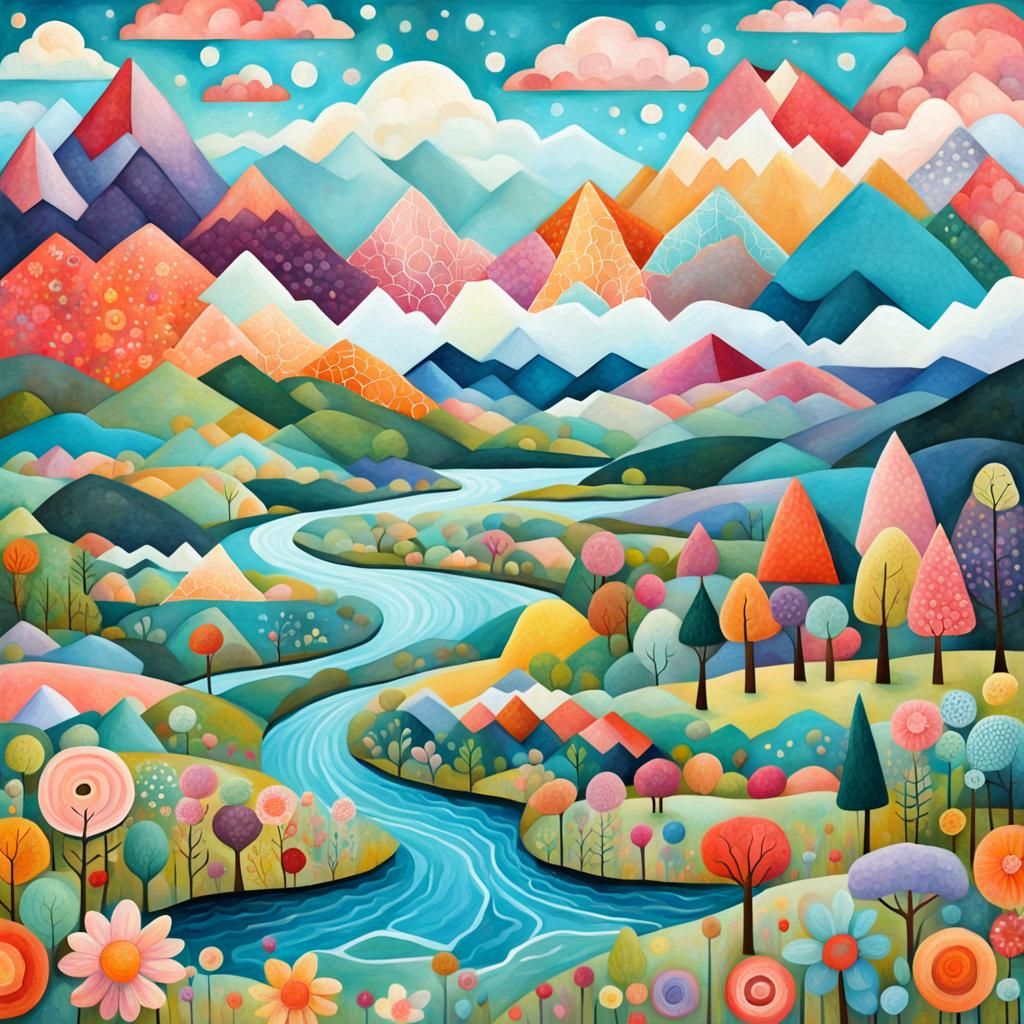 Whimsical Geometric Landscape in Pastel Colors